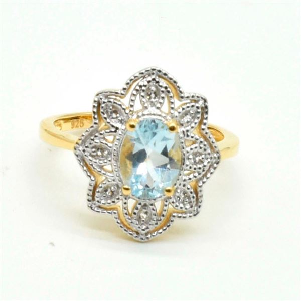 $180 Gold plated Sil Blue Topaz White Topaz(1.2ct) Ring
