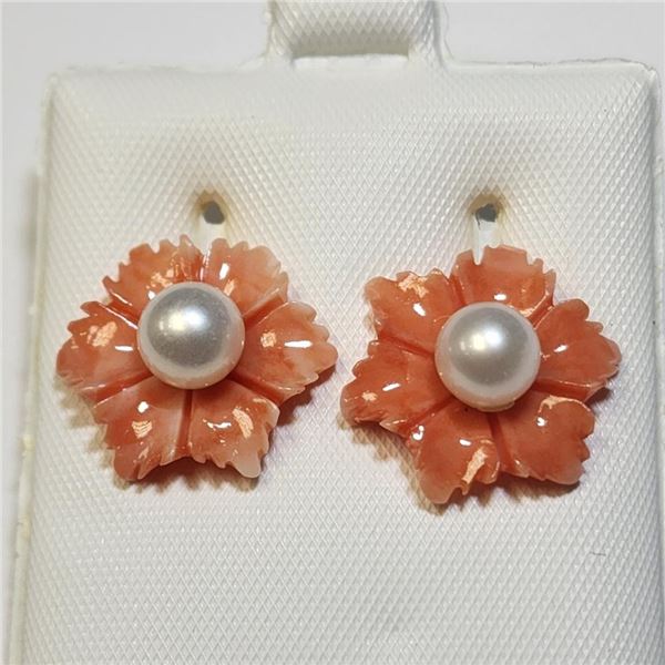 $240 14K  Fresh Water Pearl And Poly Coral 2In1  Earrings