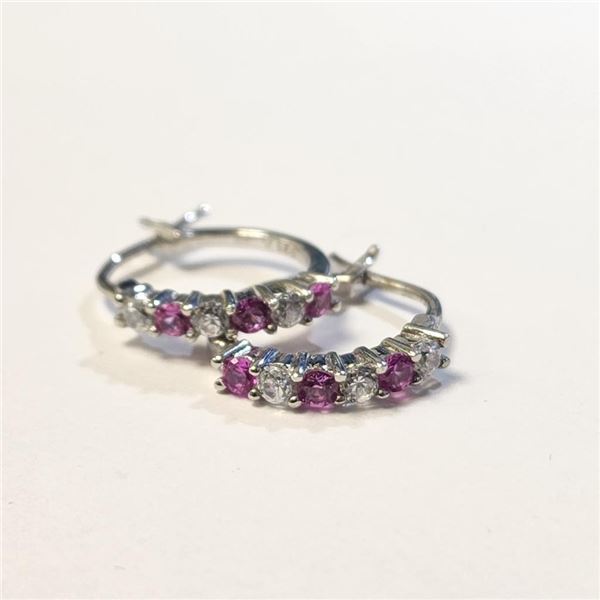 $160 Silver Created Gem With Cz Hoop Earrings