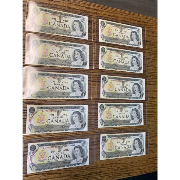 CANADA 1973 - Lot of 10 Canada $1.00 Bills mint condition all in sequence serial numbers BA7948341 -