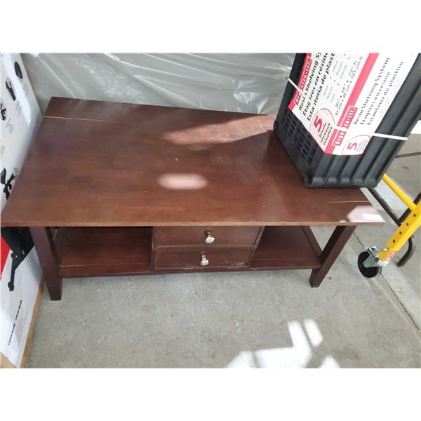 2 Drawer Wooden Coffee Table - Some Damage to Table Top As Seen in Photos