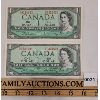 Image 1 : LOT OF 2 - 1954 CDN $1 BANKNOTES - CONSECUTIVE SERIAL #'s