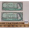 LOT OF 2 - 1954 CANADIAN SEQUENTIAL $1 BANKNOTES