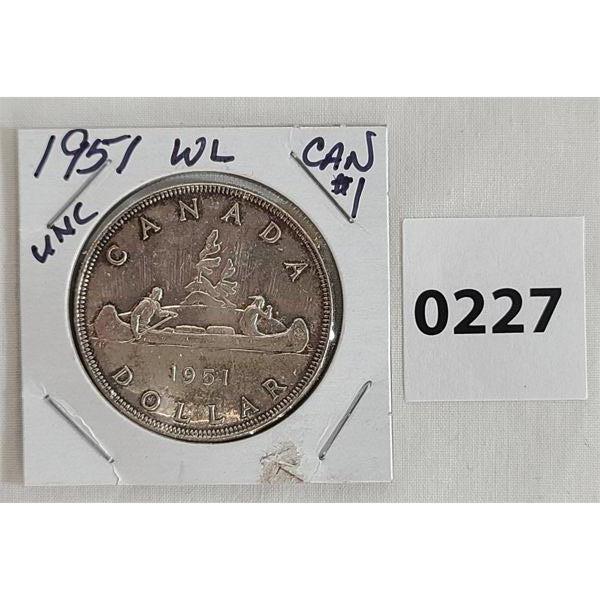 1951 UNCIRCULATED CANADIAN SILVER DOLLAR 