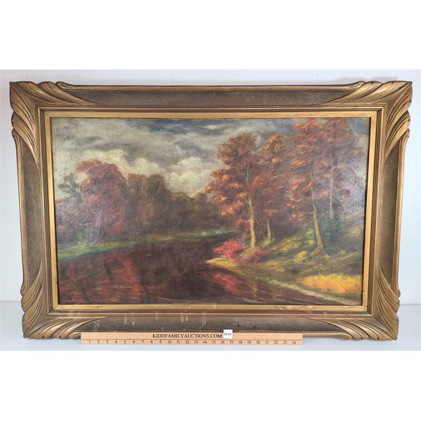 J. HILBERT SIGNED 'AUTUMN RIVER SCENE' - OIL ON CANVAS - 22 x 36in