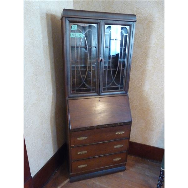 Antique Bookcase With A Pair Of Glass Doors Above A Drop Leaf Desk Base