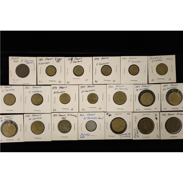 20 ASSORTED FRANCE COINS: 5-FIVE CENTIMES, 5-TEN