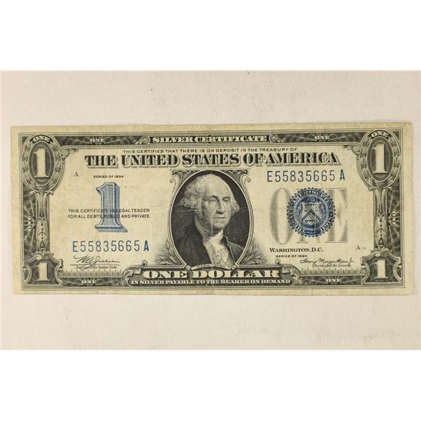 1934 US $1 SILVER CERTIFICATE FUNNY BACK BLUE SEAL