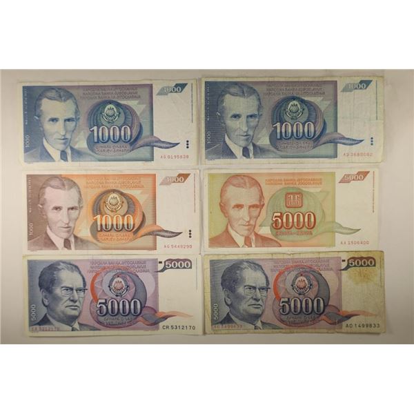 6 YUGOSLAVIAN BANK NOTES: 1990 & 2-1991-ONE