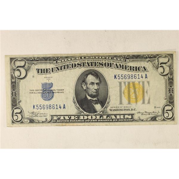 1934-A US $5 SILVER CERTIFICATE NORTH AFRICA