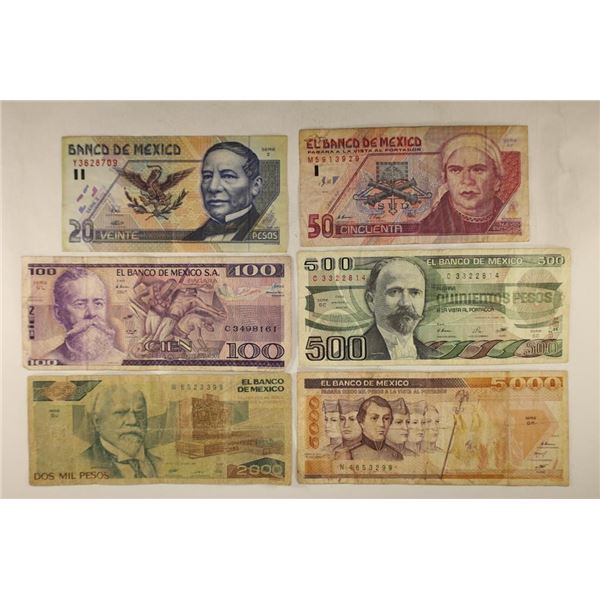 6-MEXICO PESO BILLS 1996-$20 PESOS, 1992-50 PESO