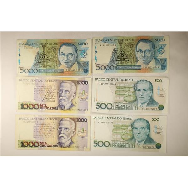 6-BANK OF BRAZIL CRUZADOS: 2-500 CU, 2-1000 AND 2-