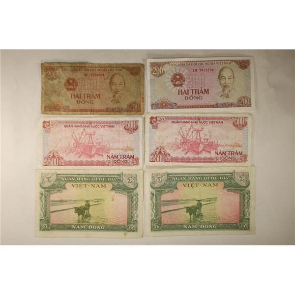 6 VIETNAM DONG BILLS: 2-FIVE DONG, 2-1987 TWO