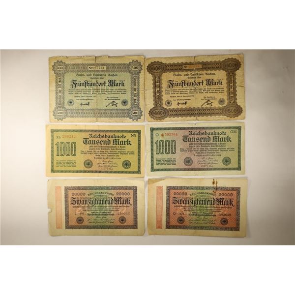 6-GERMAN MARK BILLS: 2-1922-500 MARK, 2-1922-1000