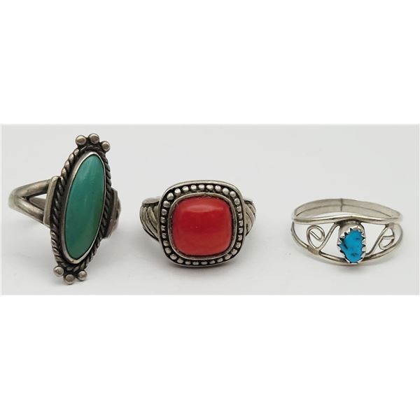 3-SOUTHWESTERN STERLING RINGS WITH RED