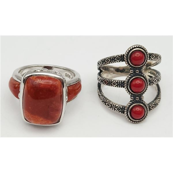 2-STERLING RINGS WITH RED CORAL STONES