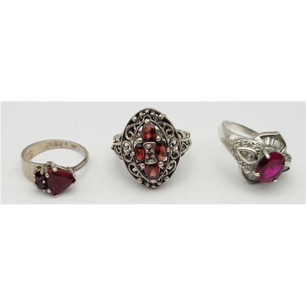 3-STERLING FASHION RINGS WITH GARNET AND