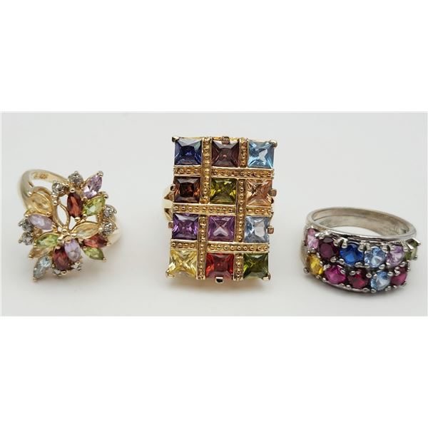 3-STERLING FASHION BLING RINGS WITH MULTI