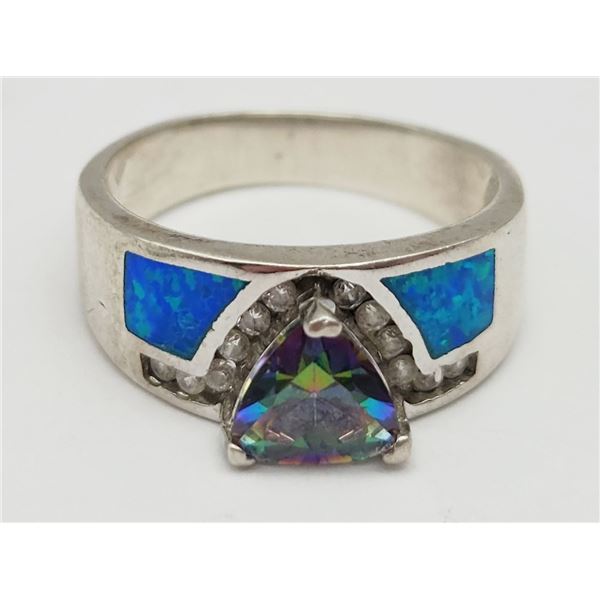 SIZE 8 STERLING MERMAID OPAL RING WITH RAINBOW
