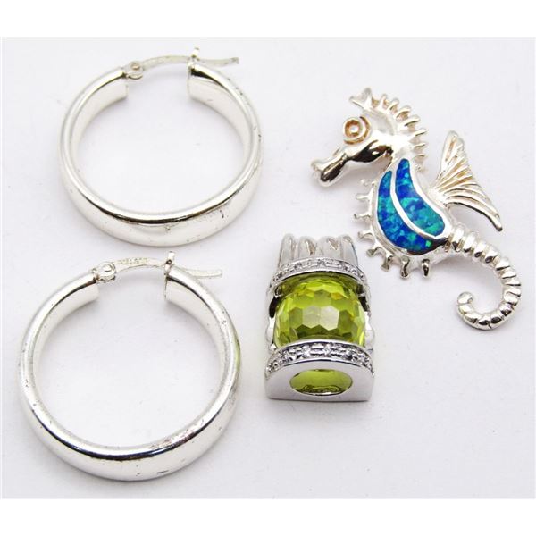 SEAHORSE, GREEN CUT GLASS & HOOP EARRINGS