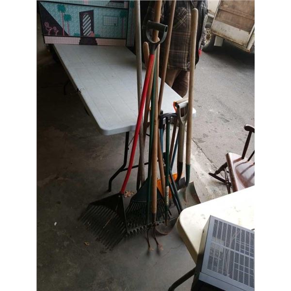 BUNDLE OF GARDEN TOOLS, PICKAXE, RAKES