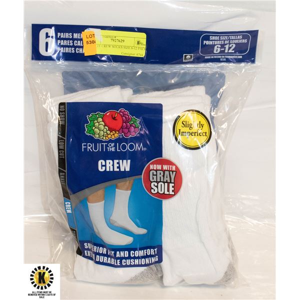 WHITE CREW SOCKS SIZE 6-12 PACK OF 6