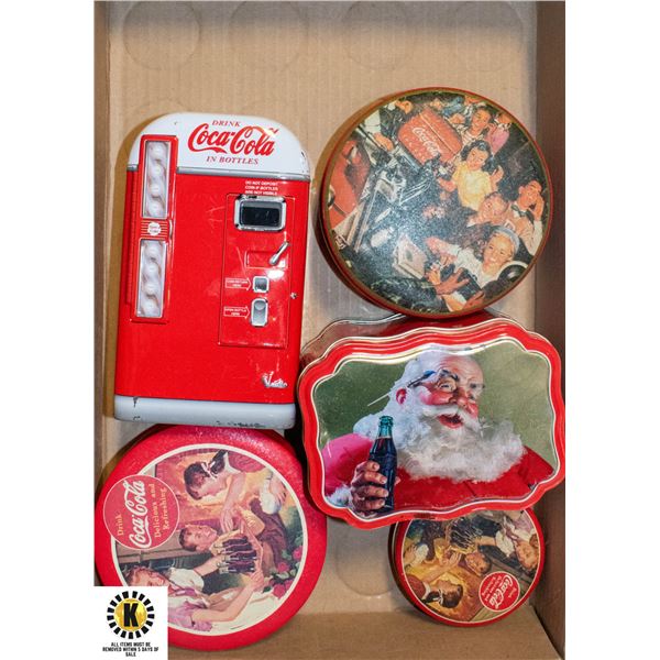 TRAY WITH 5 COLLECTIBLE COCA-COLA TINS