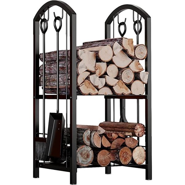 NEW FIREPLACE LOG RACK WITH 4 TOOLS