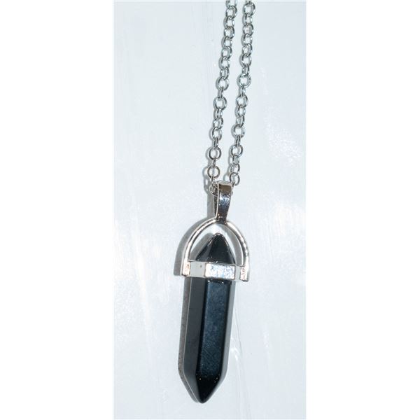 GENUINE OBSIDIAN POLISHED GEMSTONE PENDANT SET IN