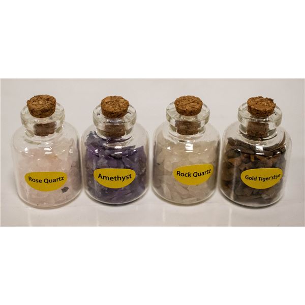 4 GLASS JARS OF GEMSTONES INCLUDES: AMETHYST,