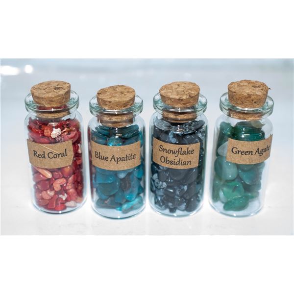 4 GLASS JARS OF GEMSTONES INCLUDES: RED CORAL,