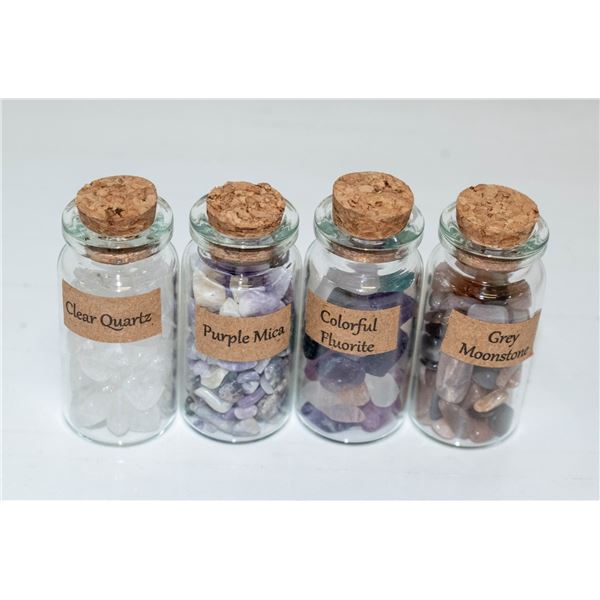 4 GLASS JARS OF GENUINE GEMSTONES: PURPLE MICA,