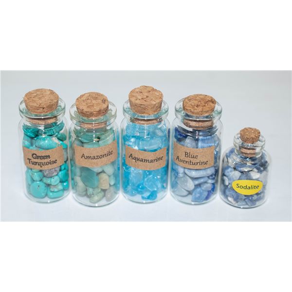 5 GLASS JARS OF GEMSTONES INCLUDES: AMAZONITE,