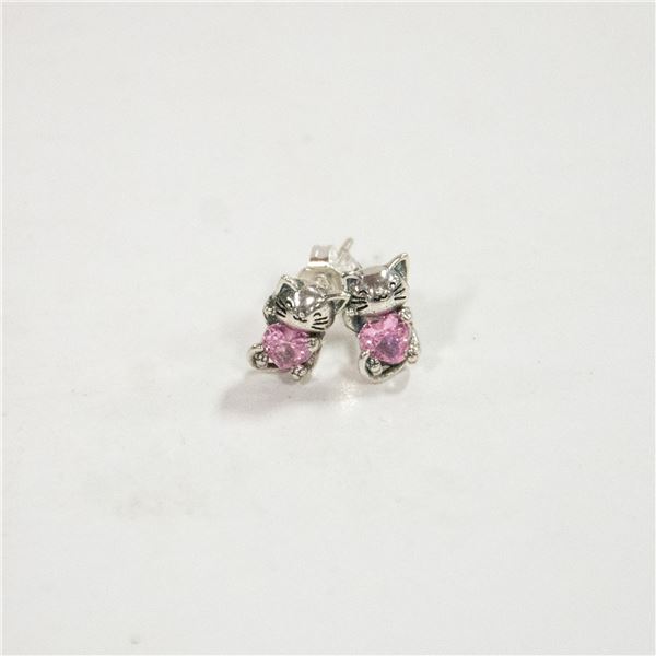 NEW .925 SILVER CAT EARRINGS WITH PINK