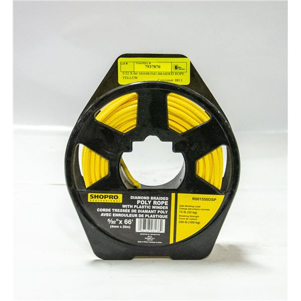 5/32 X 66' DIAMOND BRAIDED ROPE YELLOW NEW