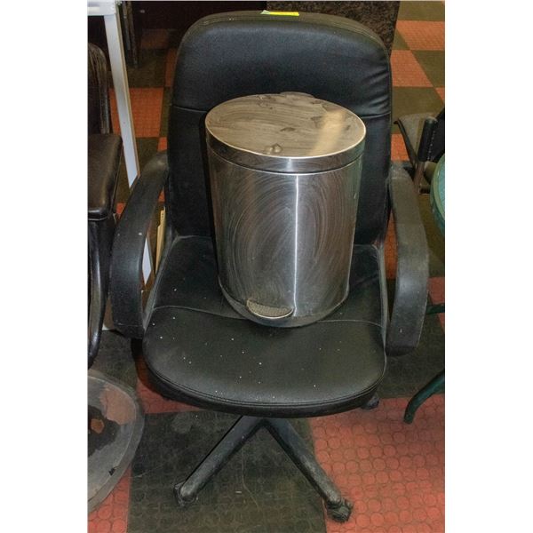BLACK OFFICE CHAIR WITH STAINLESS STEEL TRASH CAN