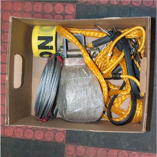 BOX OF CABLE, TOW ROPE, BUNGEES AND MORE