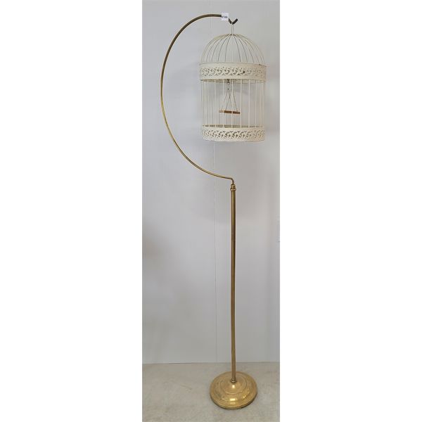 BRASS BIRD CAGE STAND W/ METAL CAGE