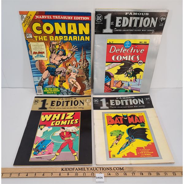 LOT OF 4 - MARVEL AND DC COMICS - INCL CONAN THE BARBARIAN, BAT MAN ETC