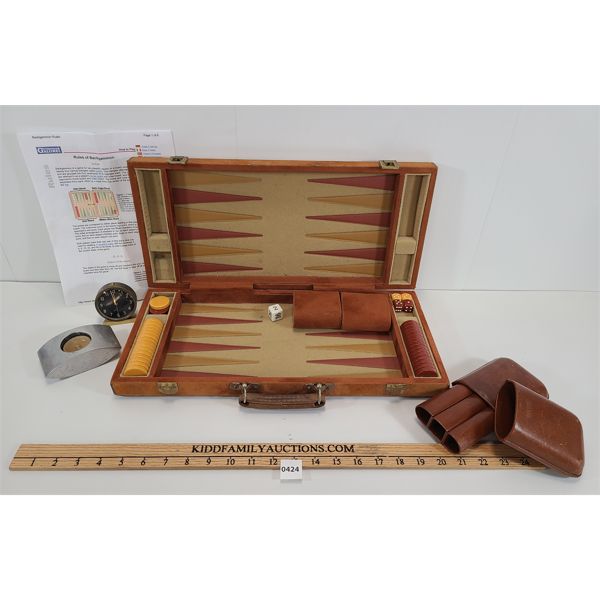 LOT OF 4 - BACKGAMMON, CIGAR CASE, DESK CLOCK ETC