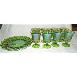 Lot of Green Carnival Glass Goblets & Plate