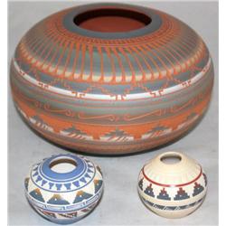3 Pc. Navajo Signed Fine Line Carved Pottery