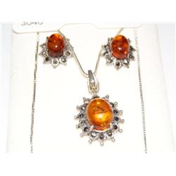 Sterling Necklace & Earrings W/Baltic Amber