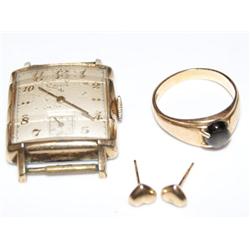 1950's Elgin Watch,Black Sapphire Ring & Earrings