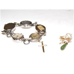 Vintage Watch Bracelet,Jade Necklace & Gold Cross