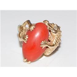 14K Gold Alligator  Ring With Red Coral 15.3g