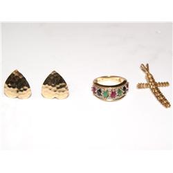 AAA Sapphire,Ruby,Emerald Ring,Gld Cross & Earring