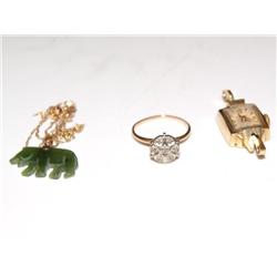 1920's Hamilton Gold, Diamonds Ring & Jade Necklac