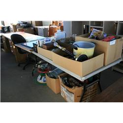 Table Lot Of House Wares, Framed Wall Pcs