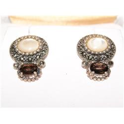 Sterling Earrings W/Mother Of Pearl, Smoky Quartz,